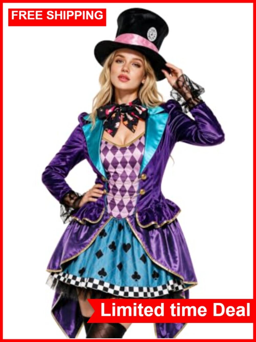 Velvet Mad Hatter Costume Dress & Top Hat Women Halloween Cosplay Outfit